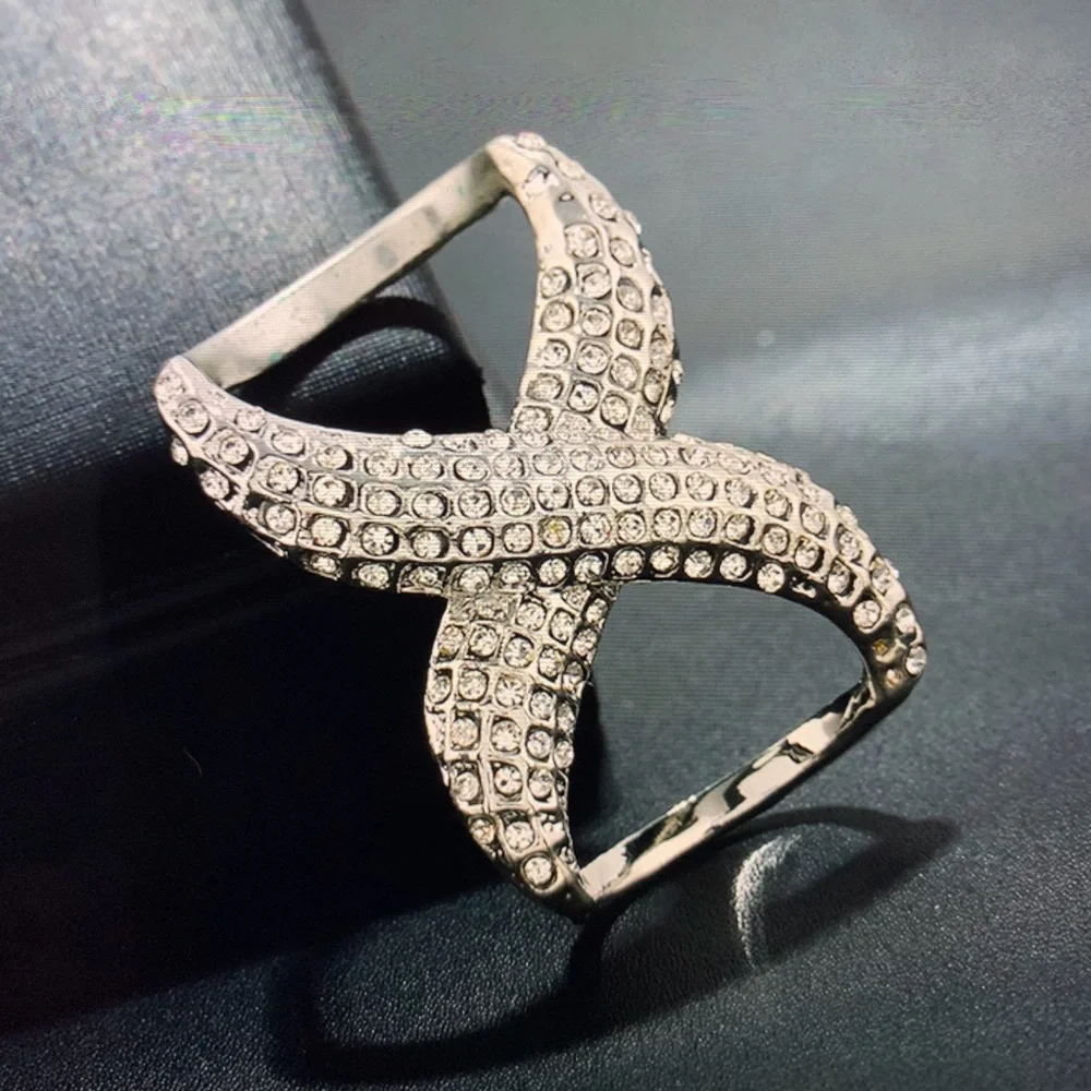 RHINESTONE  SCARF DOUBLE RING SILVER - Picture 4 of 4